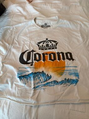 Corona White Tee with Black Logo, Orange Sun & Blue Waves